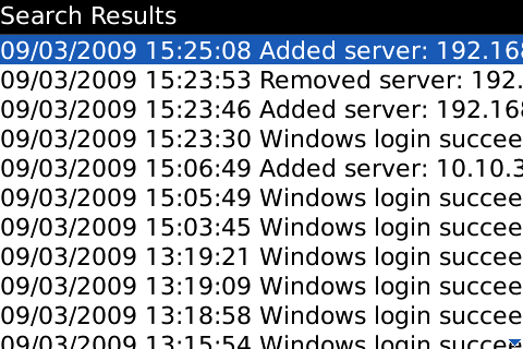 Picture 1: Viewing the Mobile Admin Server AuditLog on a BlackBerry